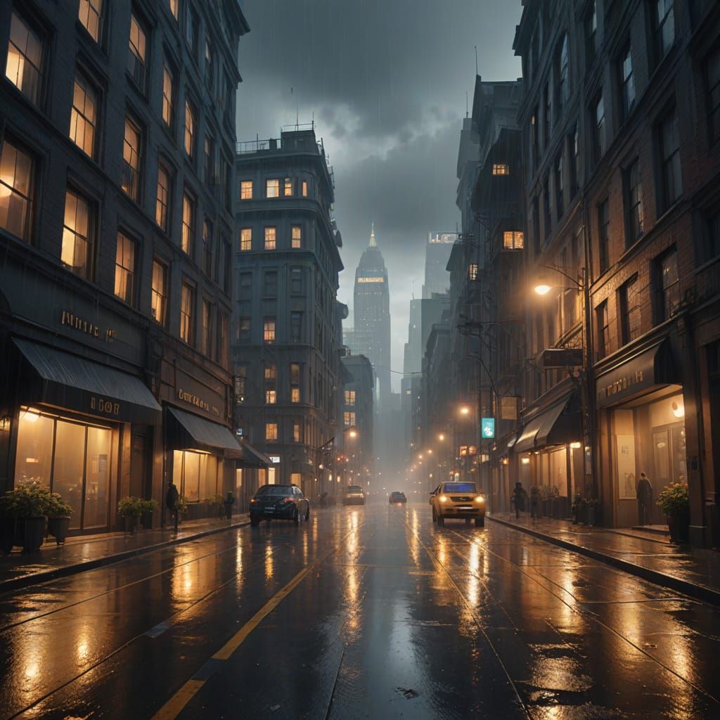 Mysterious Rainy Cityscape with Golden Light