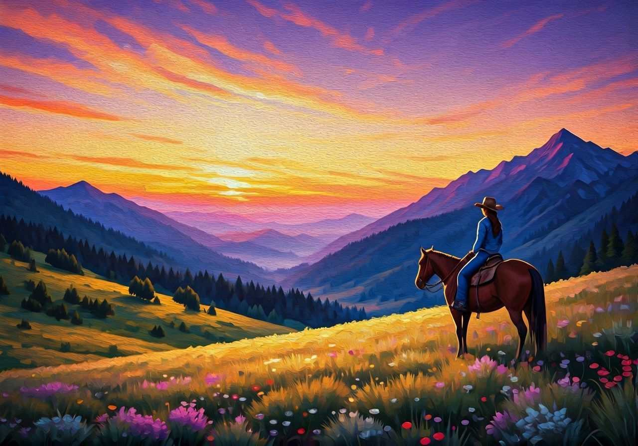 Impressionistic Cowgirl Sunrise Landscape Painting