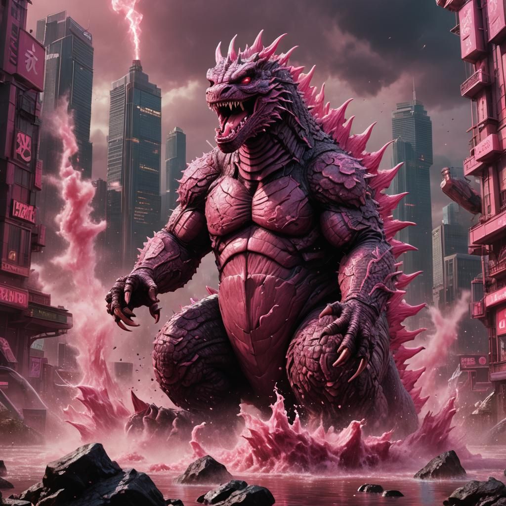 Pink Godzilla Spewing Atomic Liquid: Digital Art
