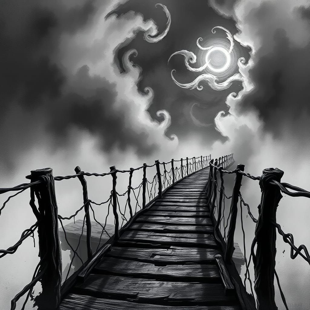 Mysterious Bridge in Mist, Ink Drawing