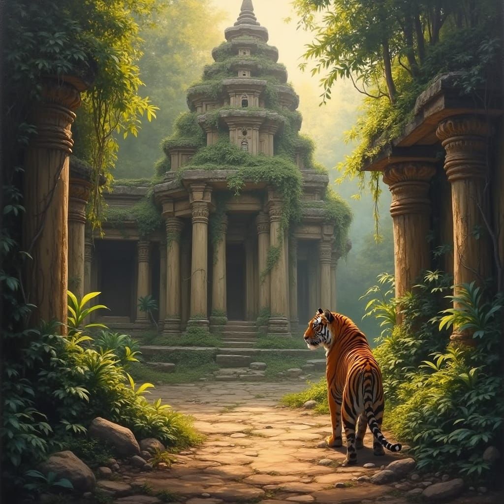 Majestic Tiger in Abandoned Temple, Realistic Oil Painting
