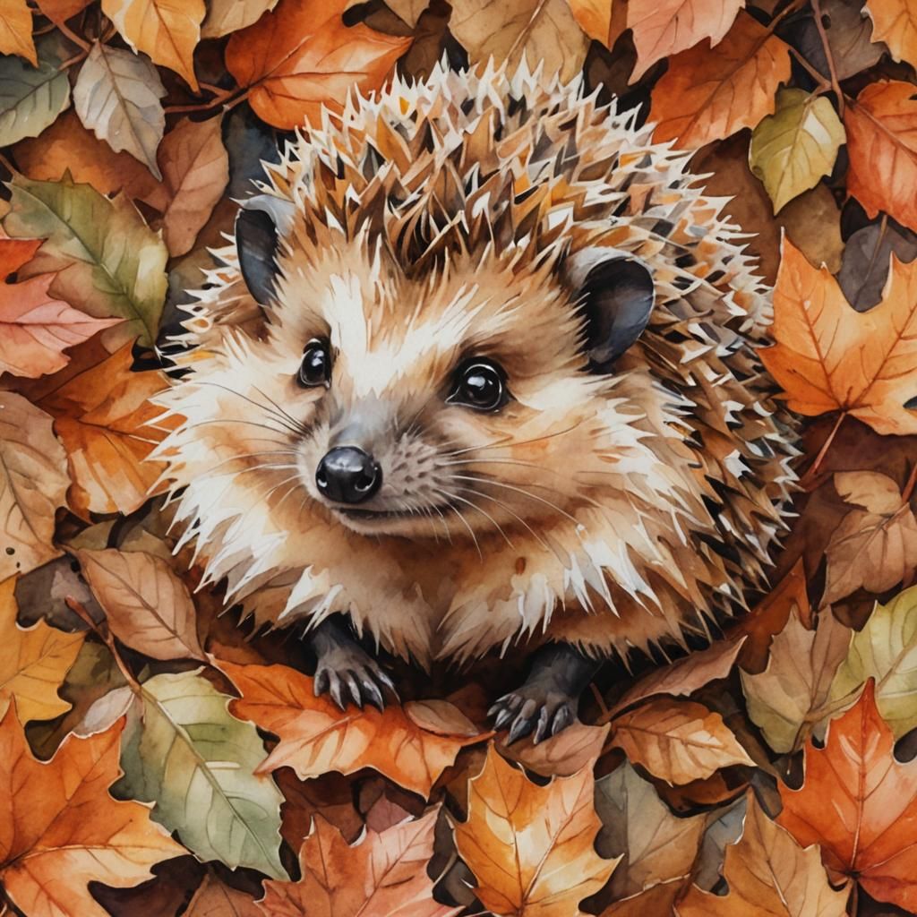 Cute Hedgehog in Autumn Leaves Watercolour Painting
