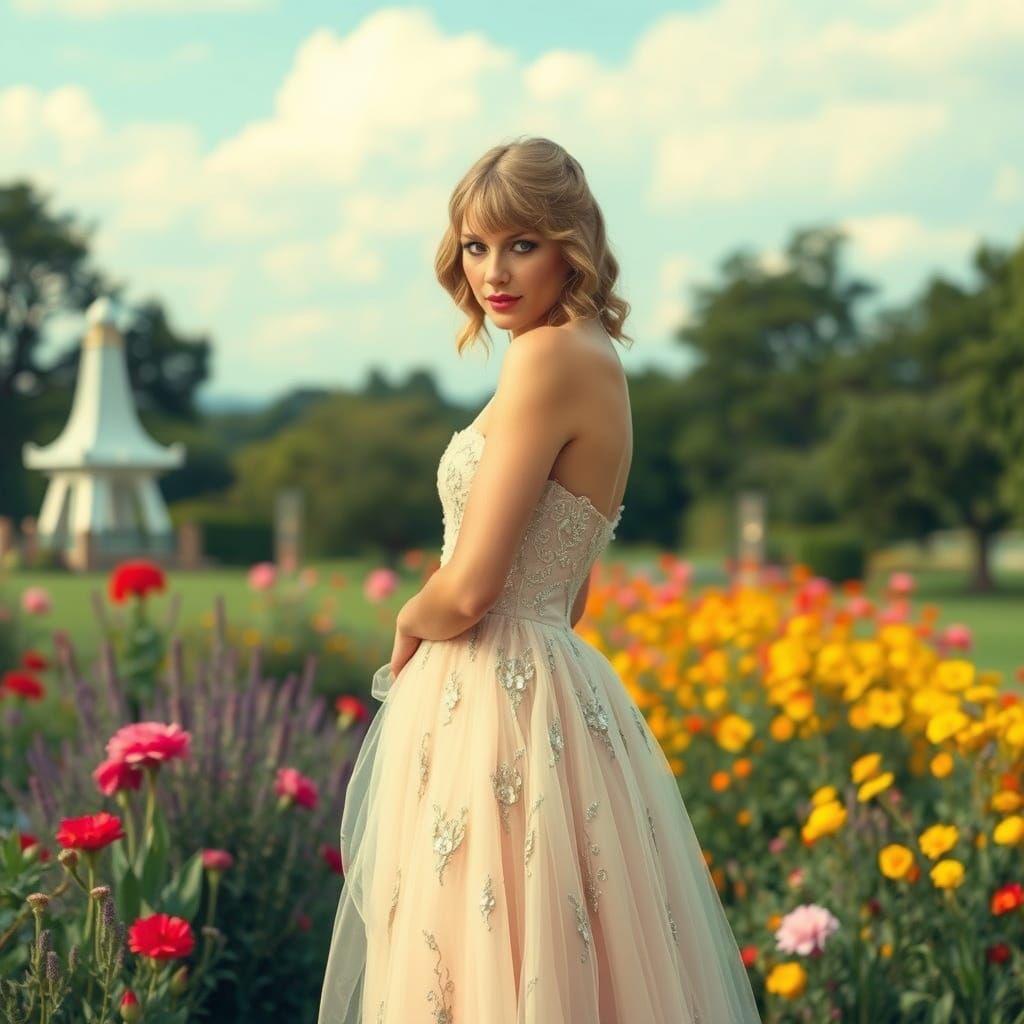 Surreal Portrait of Elegant Woman in Whimsical Outdoor Setti...