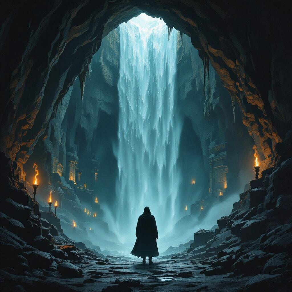 Mystical Cave Entrance Behind Waterfall in Greg Rutkowski St...