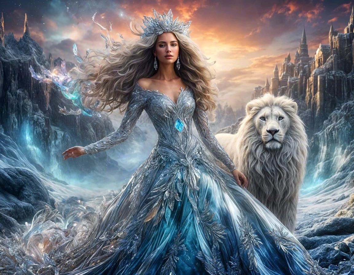 Fantasy Winterscape with Princess, Lion, and Crystal Ribbons