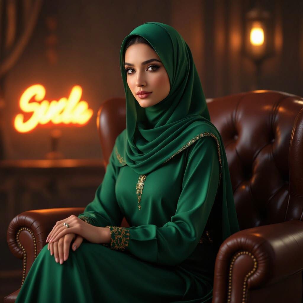 Muslim Woman in Emerald Hijab on Leather Chair, Cinematic Li...