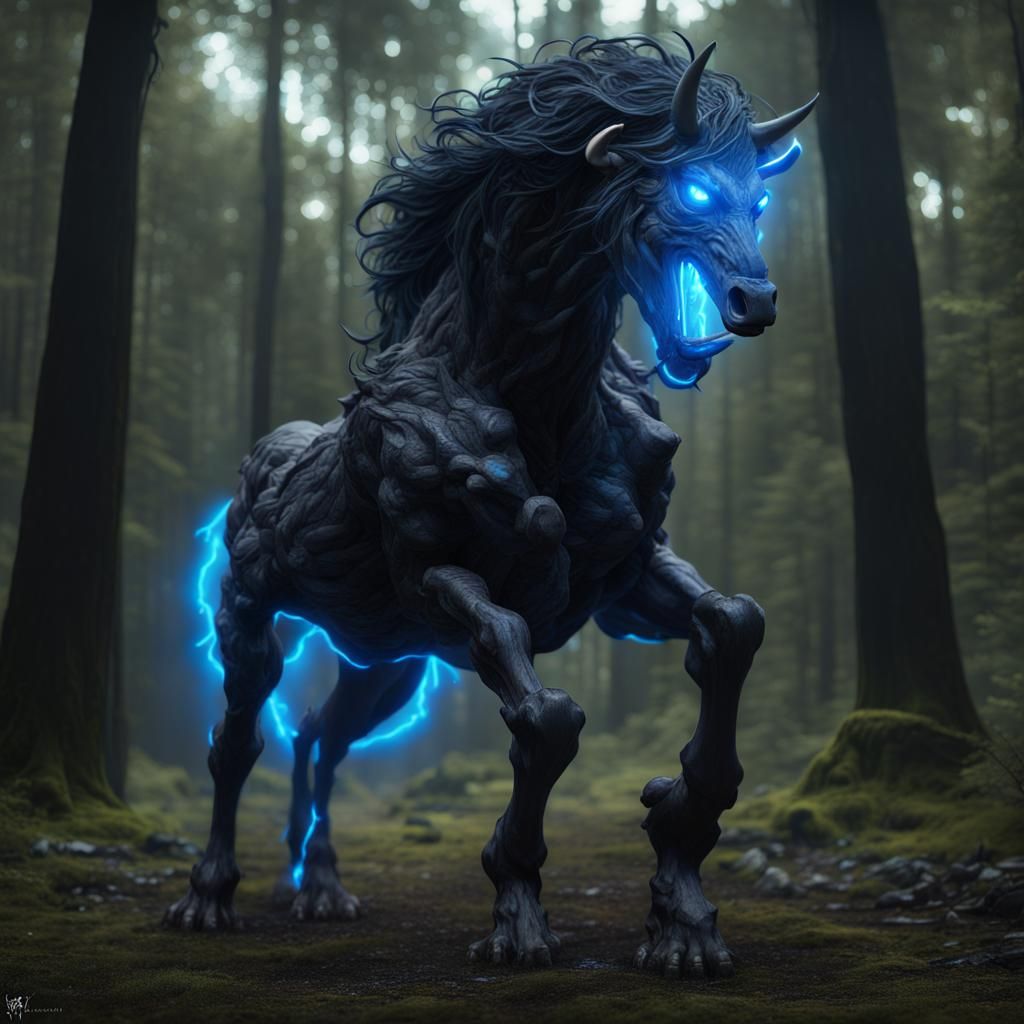 Vantablack Centaur with Electric Blue Eyes in Forest