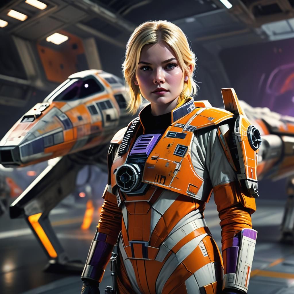 Glowing Spacesuit Starfighter Heroine in Dark Fantasy Hangar