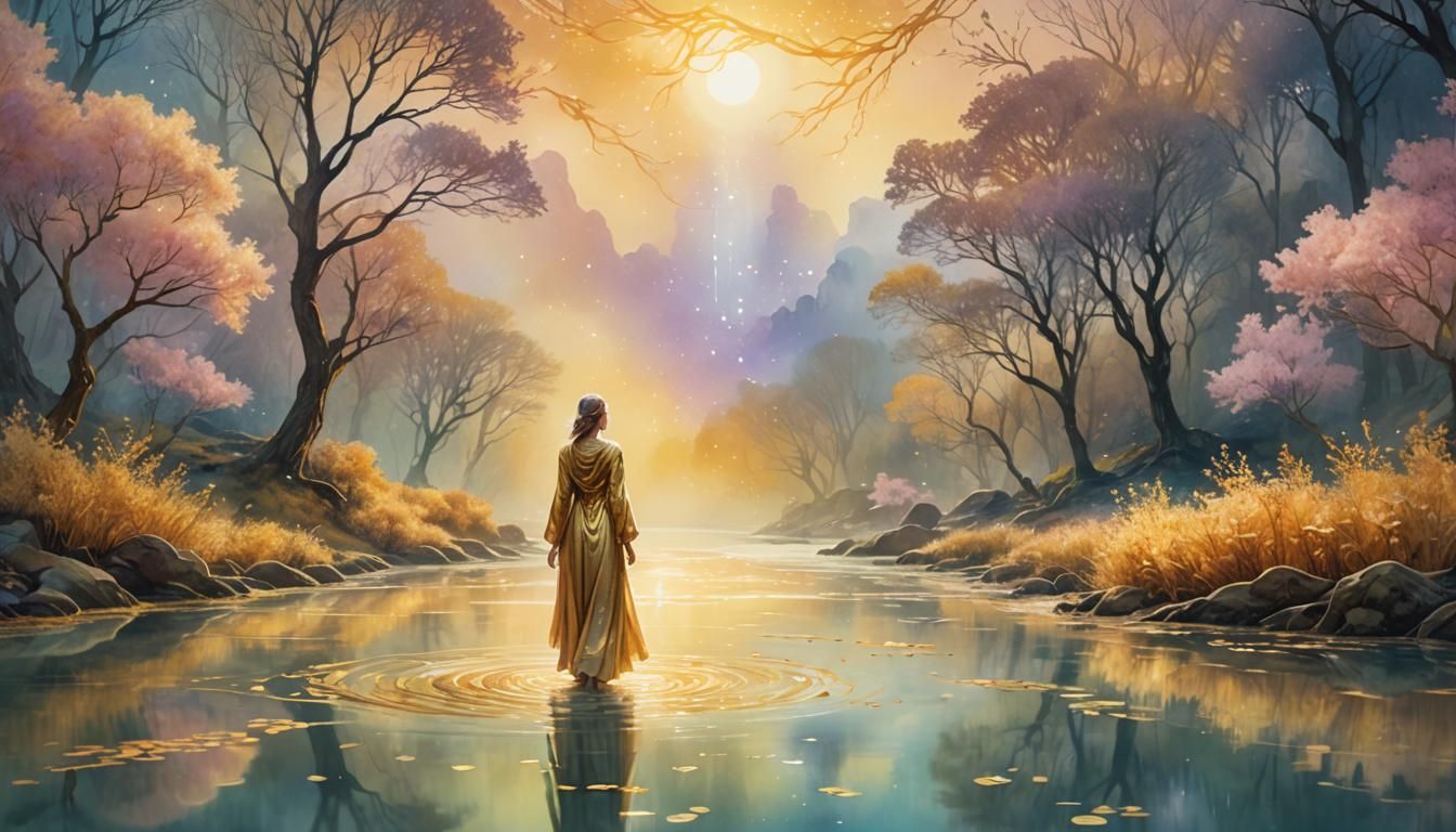 Celestial Being in Golden Stream: Ethereal Surrealism