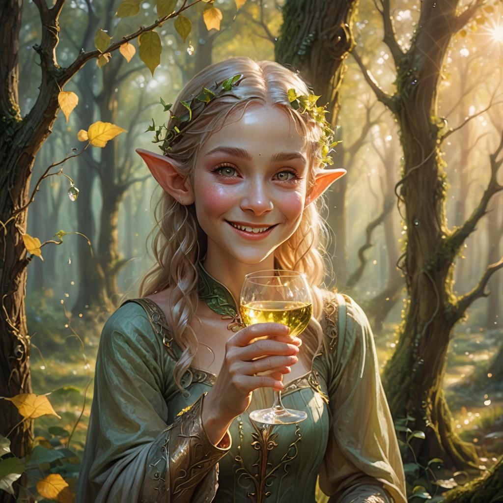 Elf Offers Wine in Sunlit Glade: Fantasy Art