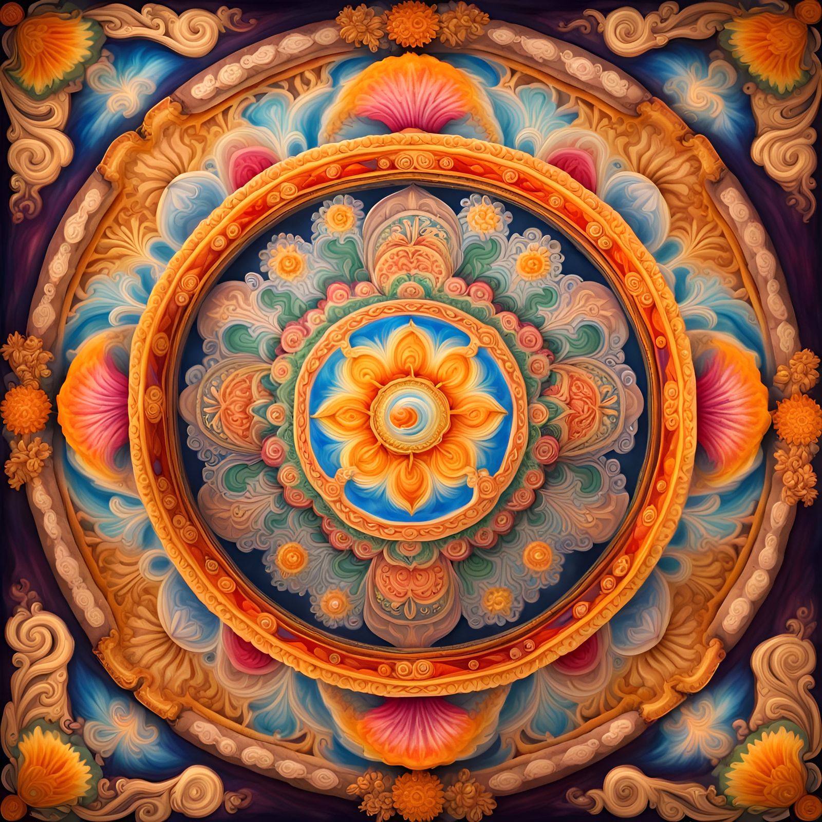 Kaleidoscopic Tibetan Sand Mandala with Flowers