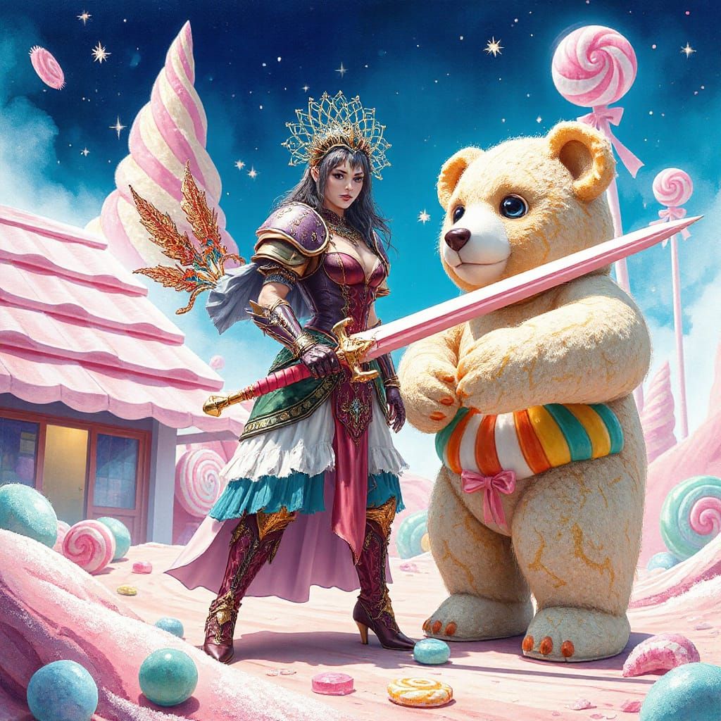 Candy Goddess Battles Gummi Bear: Gouache and Watercolor Sty...