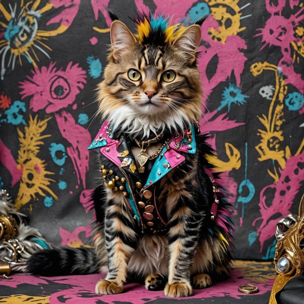 Stylish Punk Rock Cat with Mohawkin 1980s Style