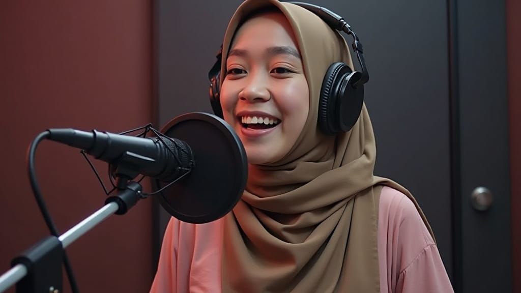 Woman in Hijab in Karaoke Studio