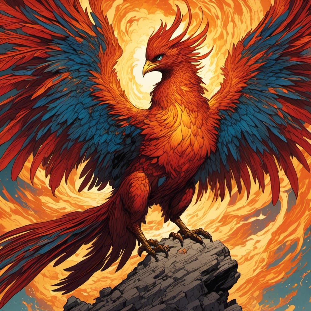 Fiery Phoenix Rising in Comic Book Style