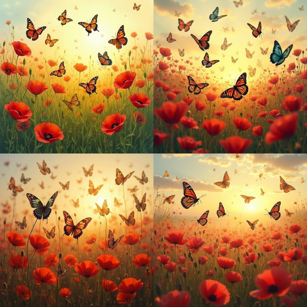 Butterflies in Vibrant Flight Over Red Poppies at Sunrise