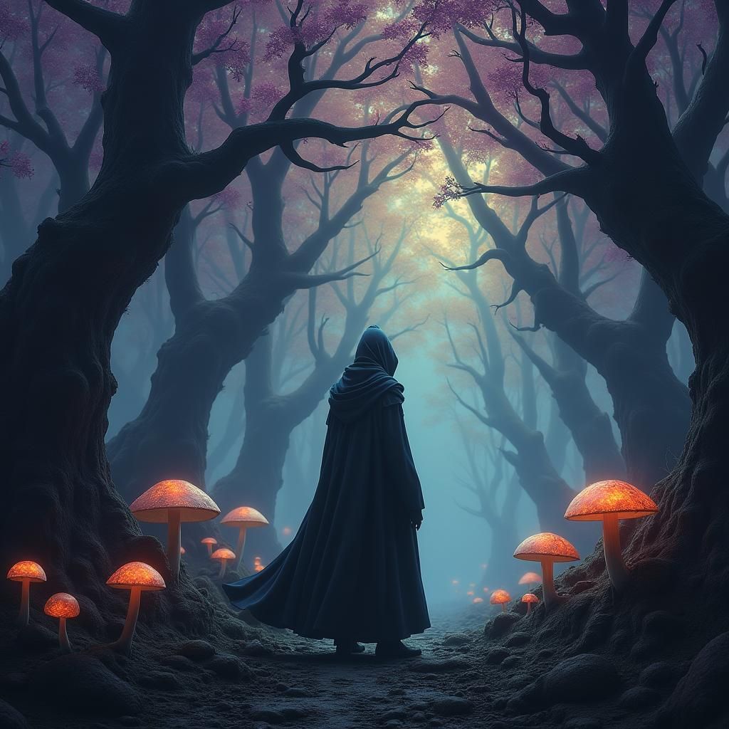 Mysterious Hooded Figure in Ethereal Dark Fantasy Forest