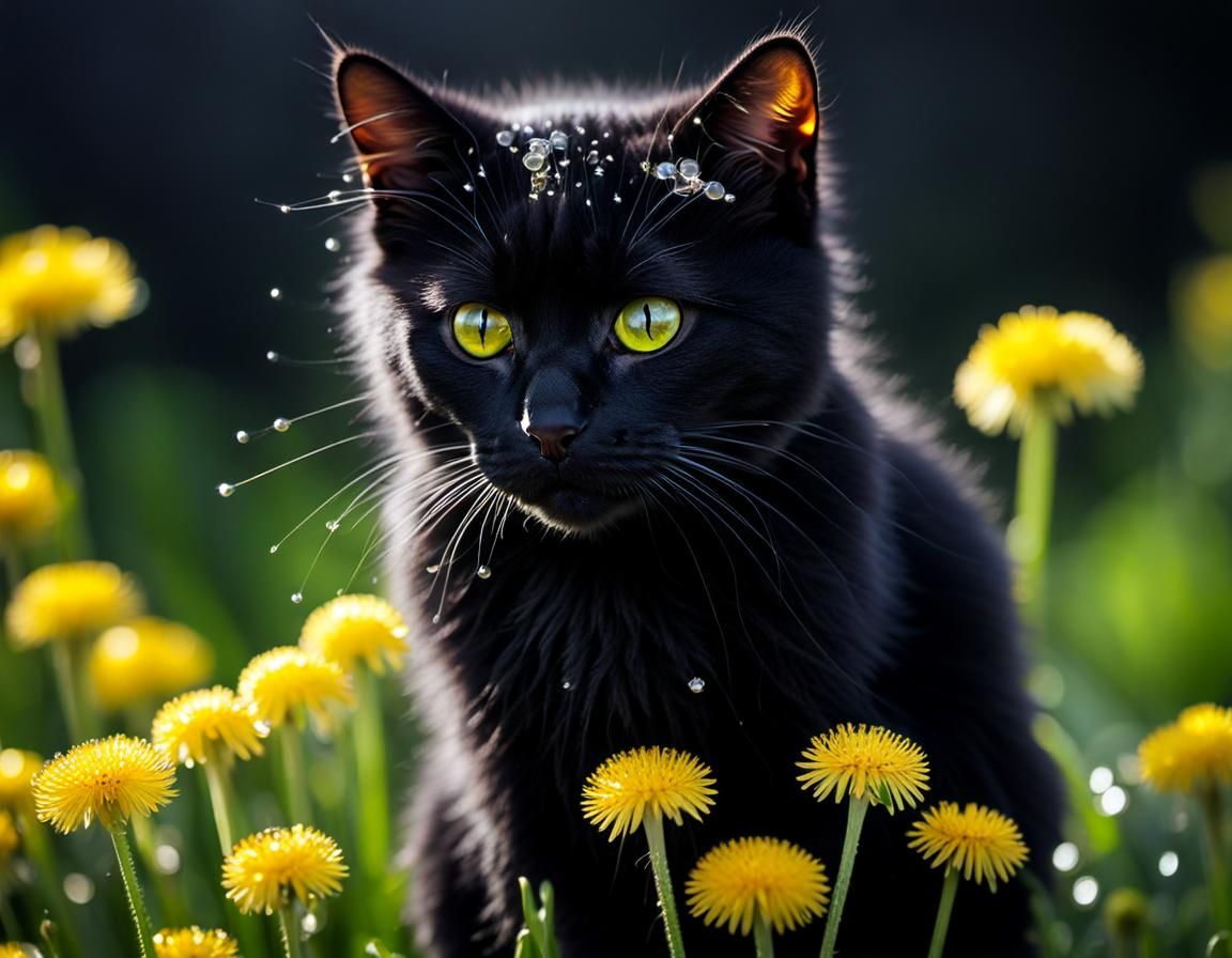 Winged Black Cat on Dandelions: Macro Photography