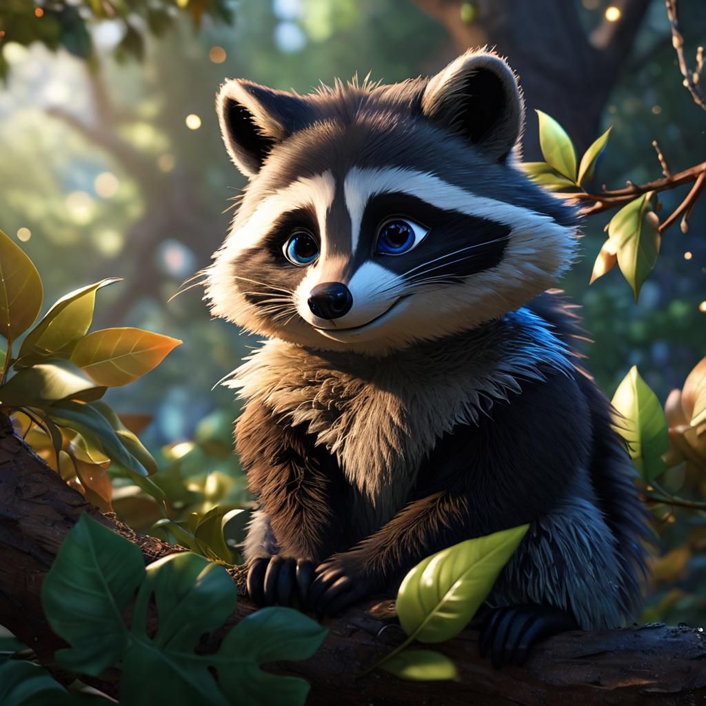 Smiling Raccoon in Magical Forest: Pixar-Style Concept Art