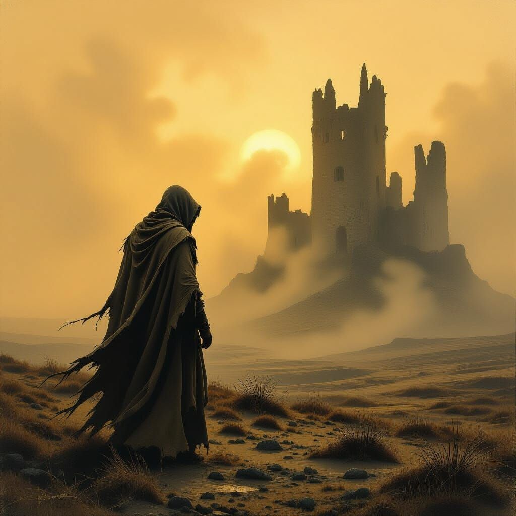 Moor Figure in Mist: Dark Atmospheric Oil Painting