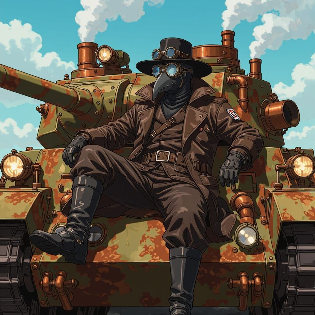 Plague Doctor Lounging on Steampunk Tank, Anime Style