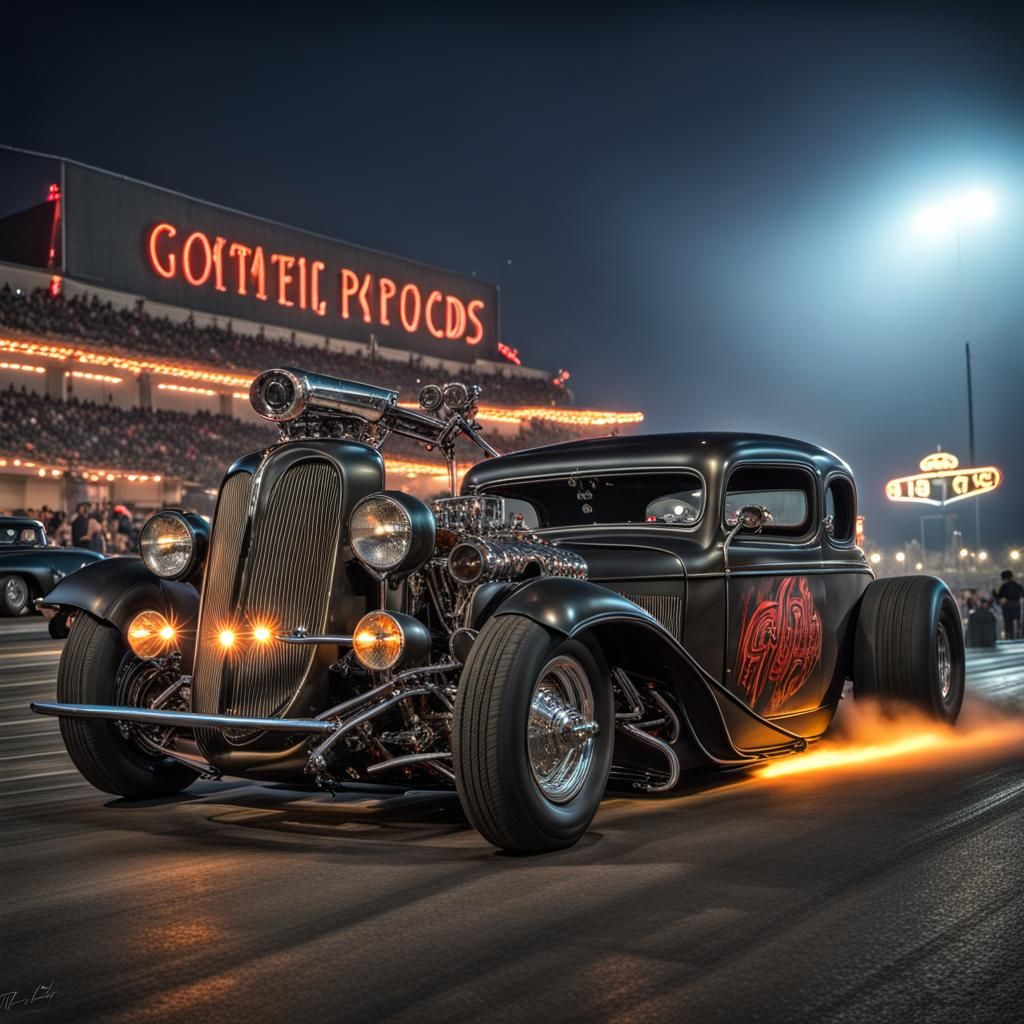 Gothic Rat Rods at Night Dragstrip in Hyperrealism