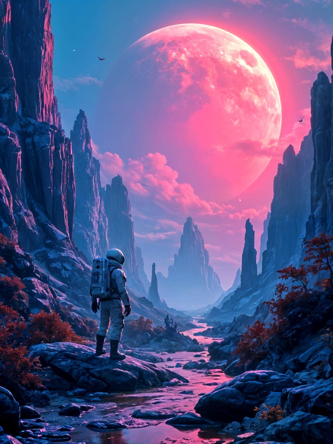 Astronaut Meets Alien on Neon Planet