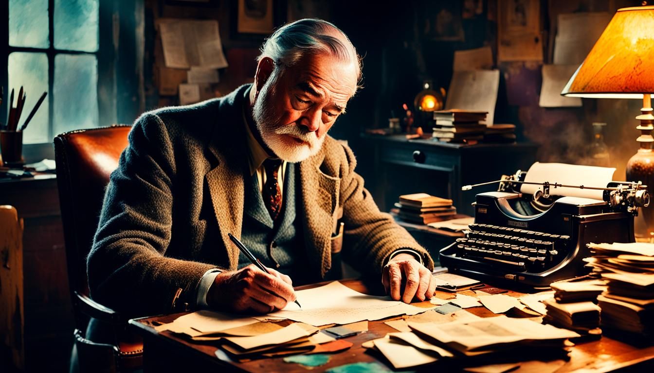 Dark Expressionist Hemingway Writing in Early Morning