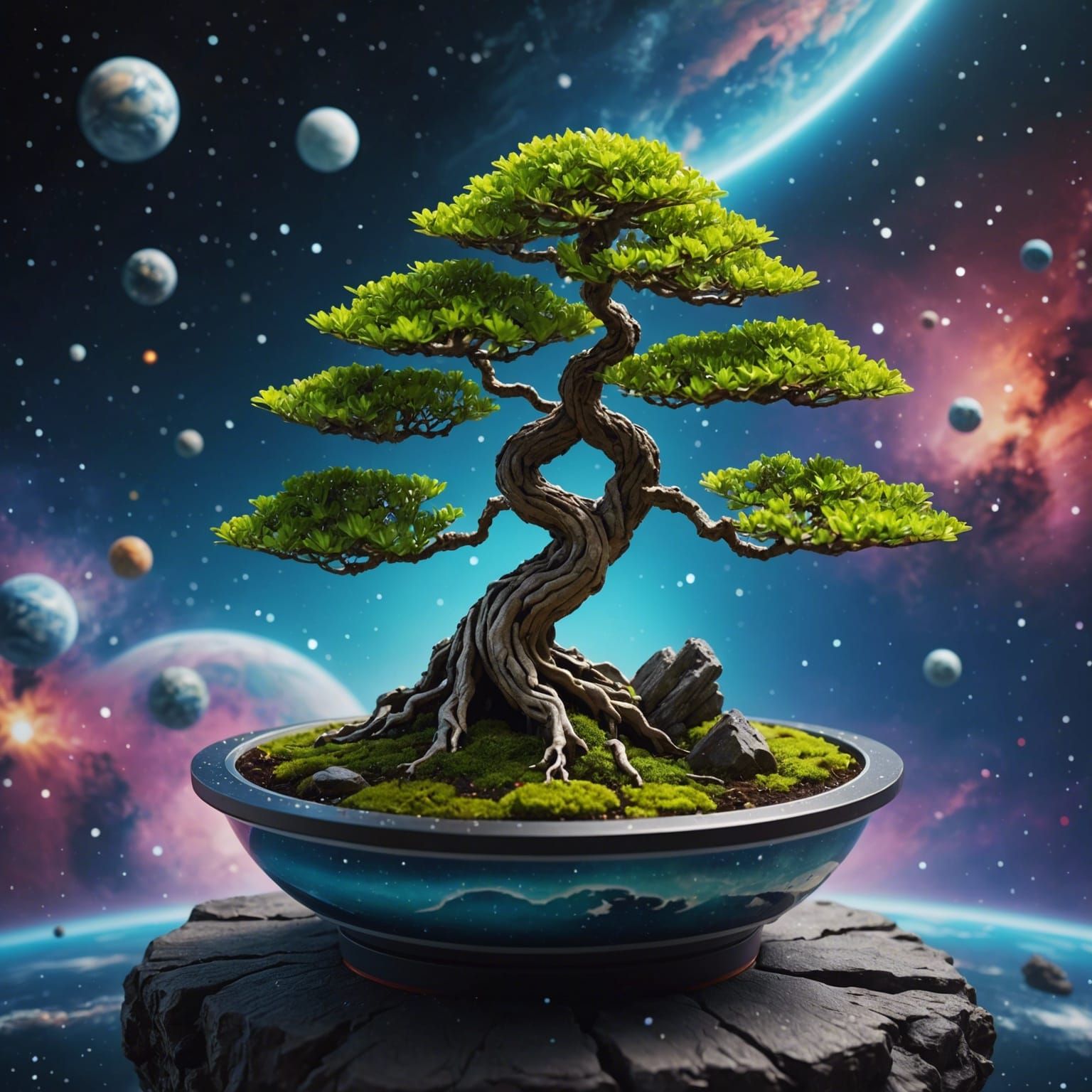 Bonsai Tree Drifting Through Outer Space