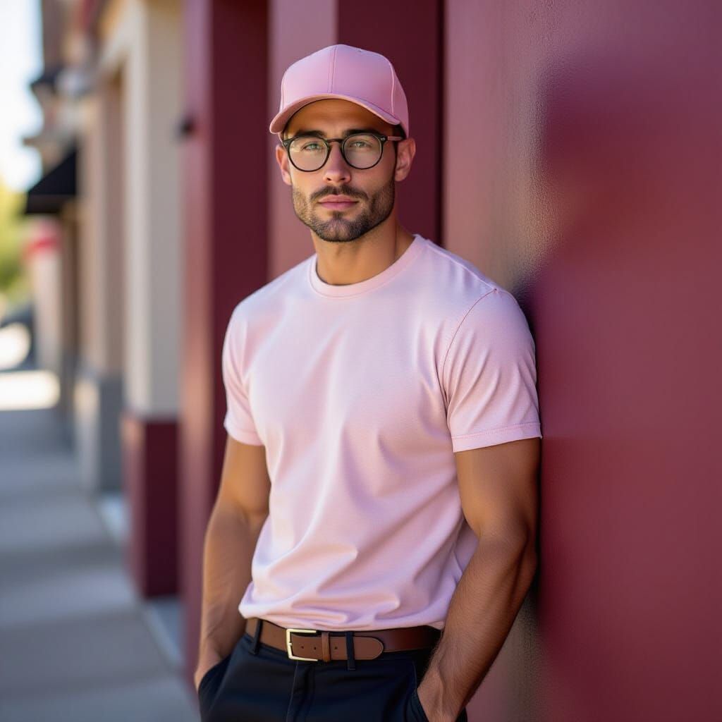 Man in Pink Hat Leans Against Burgundy Wall