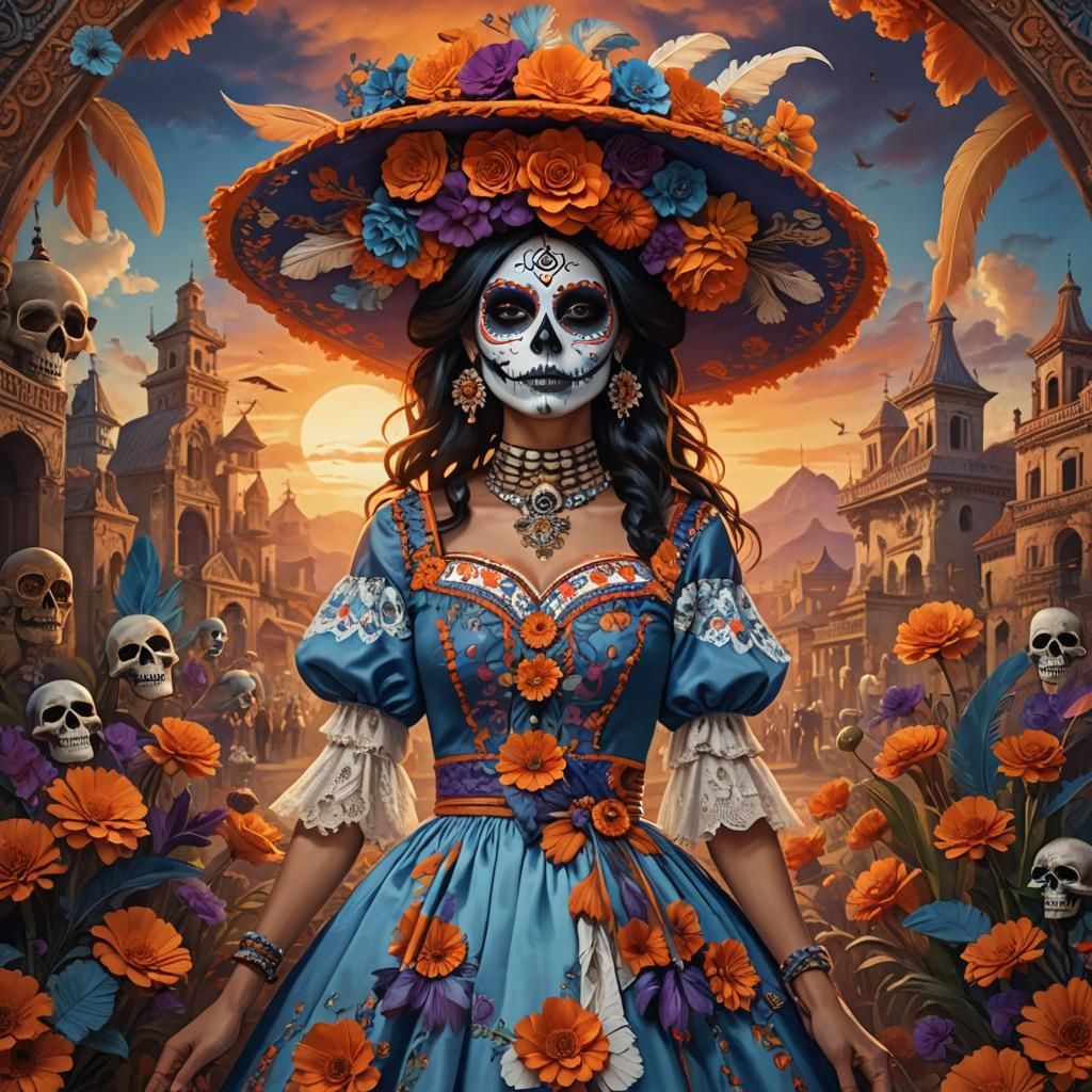 dia de los muertos attractive lady, half body, centered, pai...