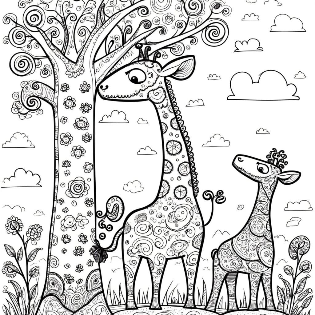 Whimsical Giraffe Zentangle Scene in Vibrant Colors