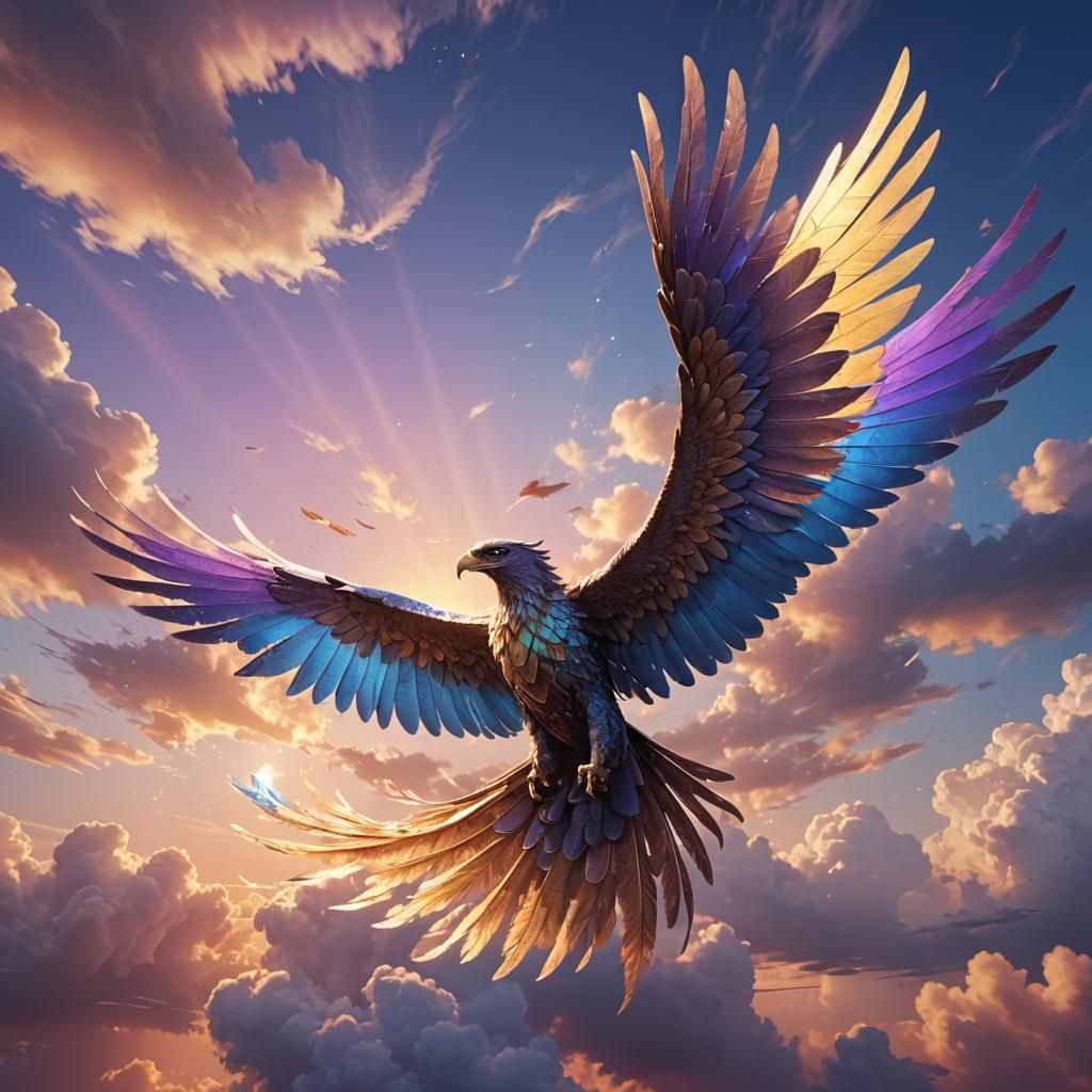 Majestic Winged Being Soaring Through Dreamlike Sky
