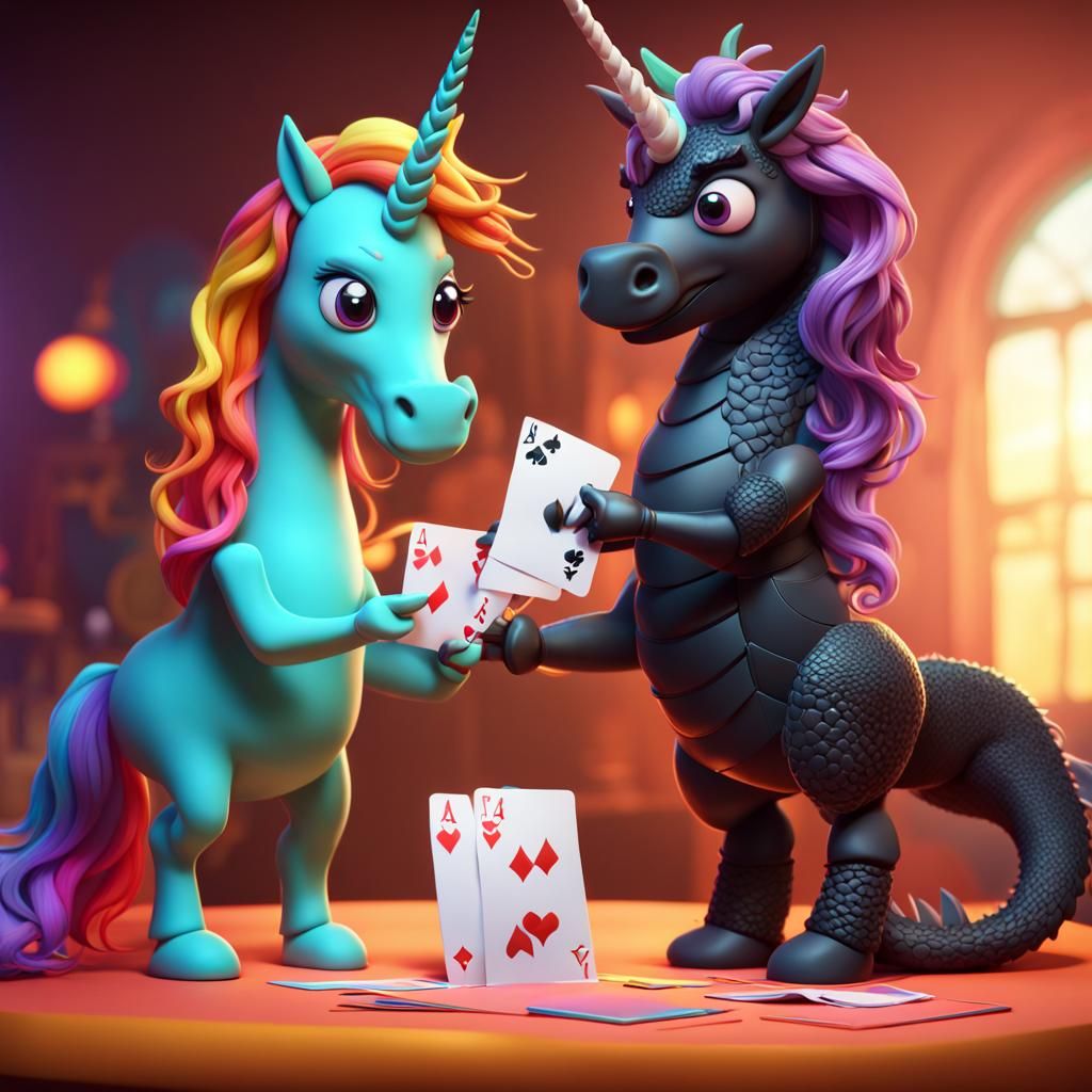 Unicorn and Dragon Card Game: 3D Digital Art