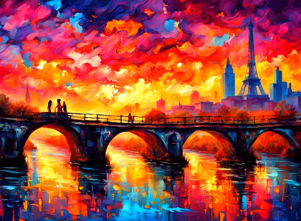 Parisian Sunset Embrace: Romantic Couple on Bridge