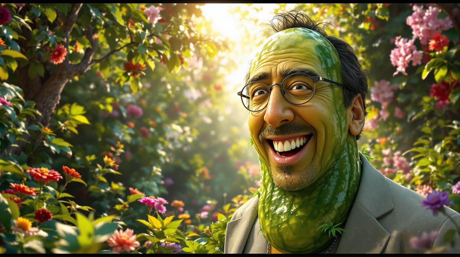 Nicholas Cage as a Happy Pickle in a Garden