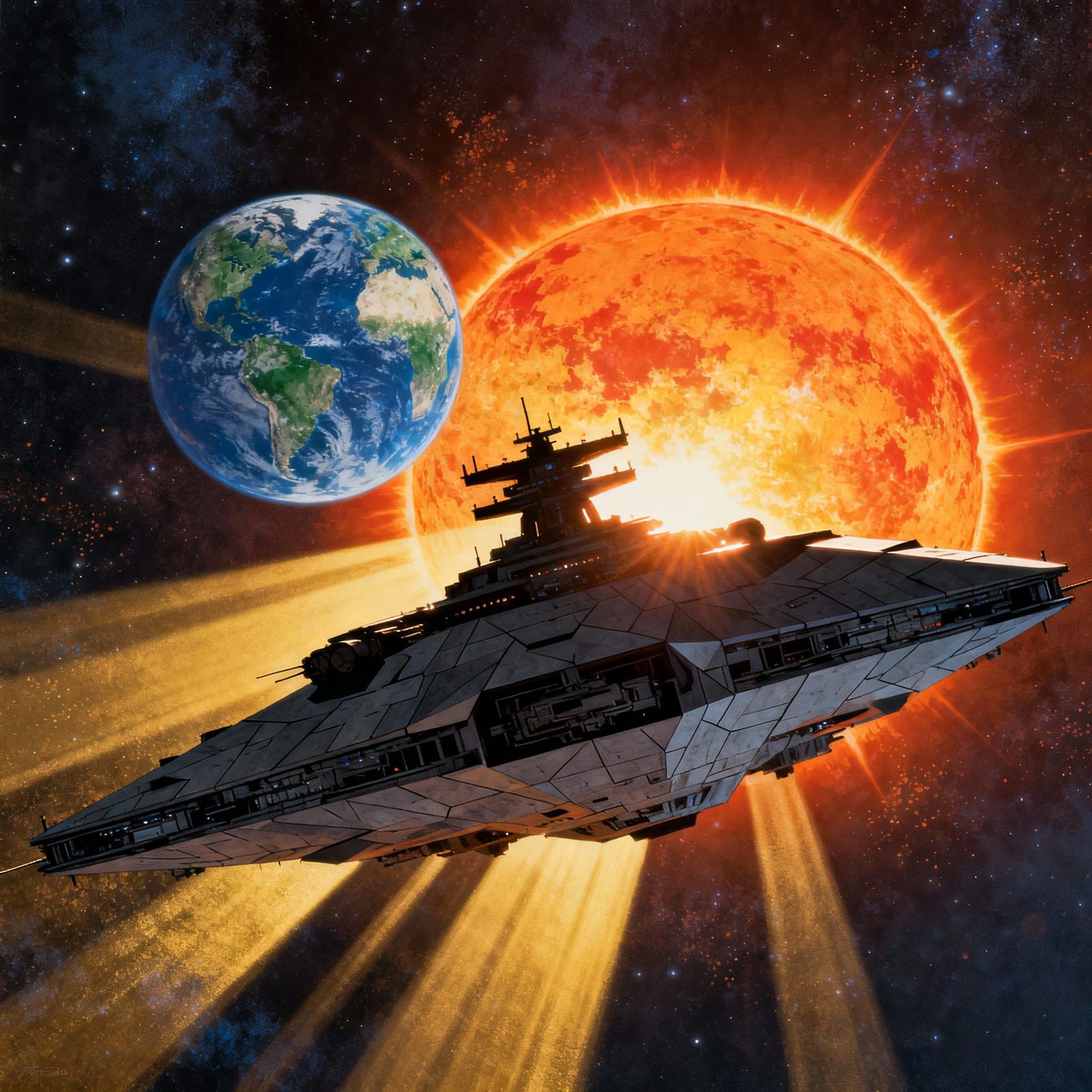 Military Spaceship Before Sun with Earth Below