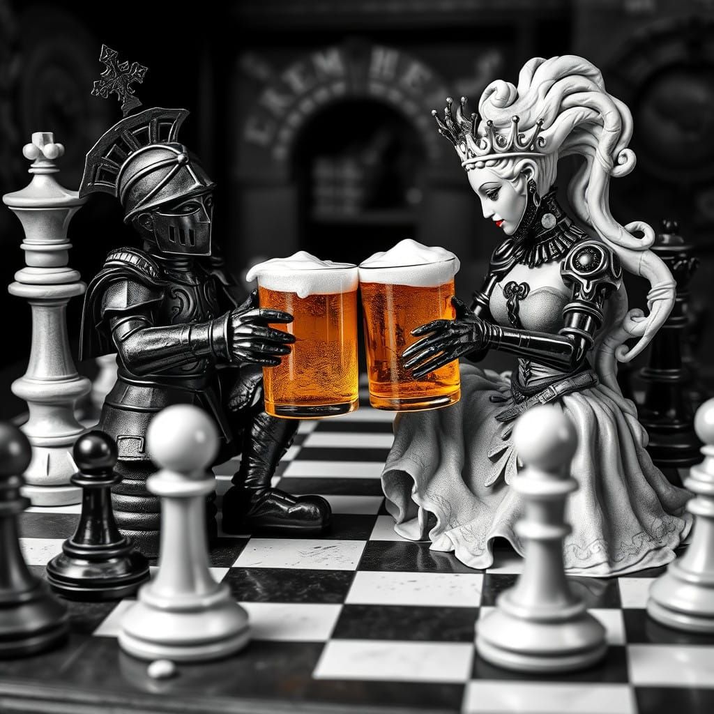 Chess Pieces Befriend in a Whimsical, Beer-Filled Scene