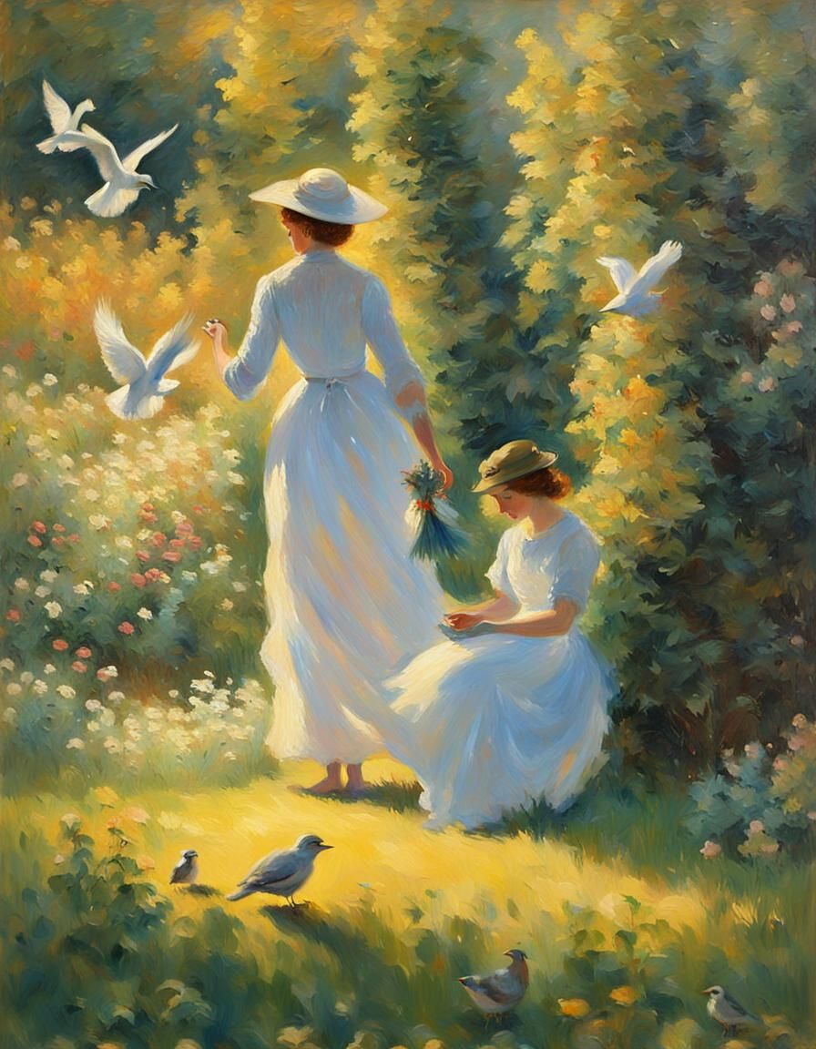 Woman Feeds Birds in Impressionist Garden Painting