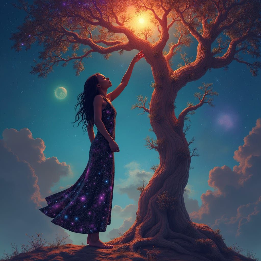 Celestial Tree: Cosmic Woman in Surreal Art Style