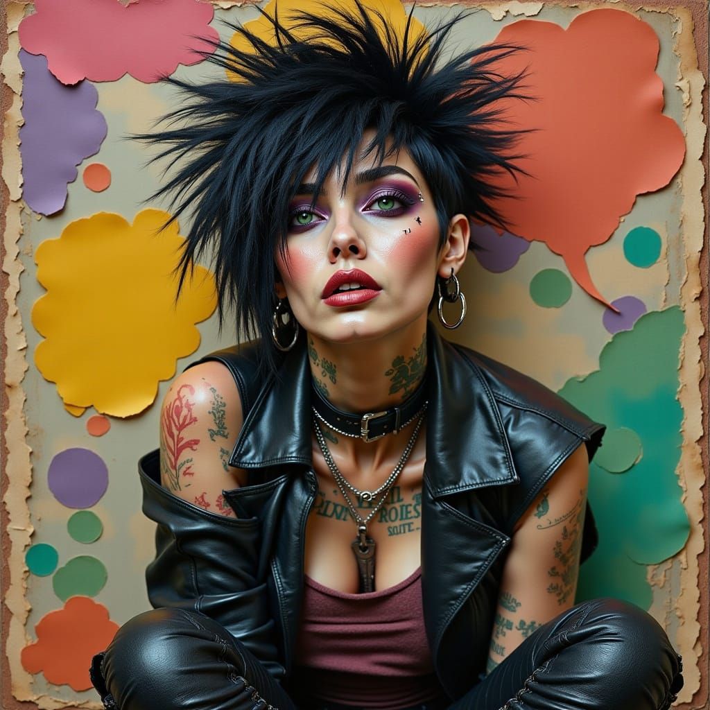 Punk Woman Portrait in Mixed Media Style