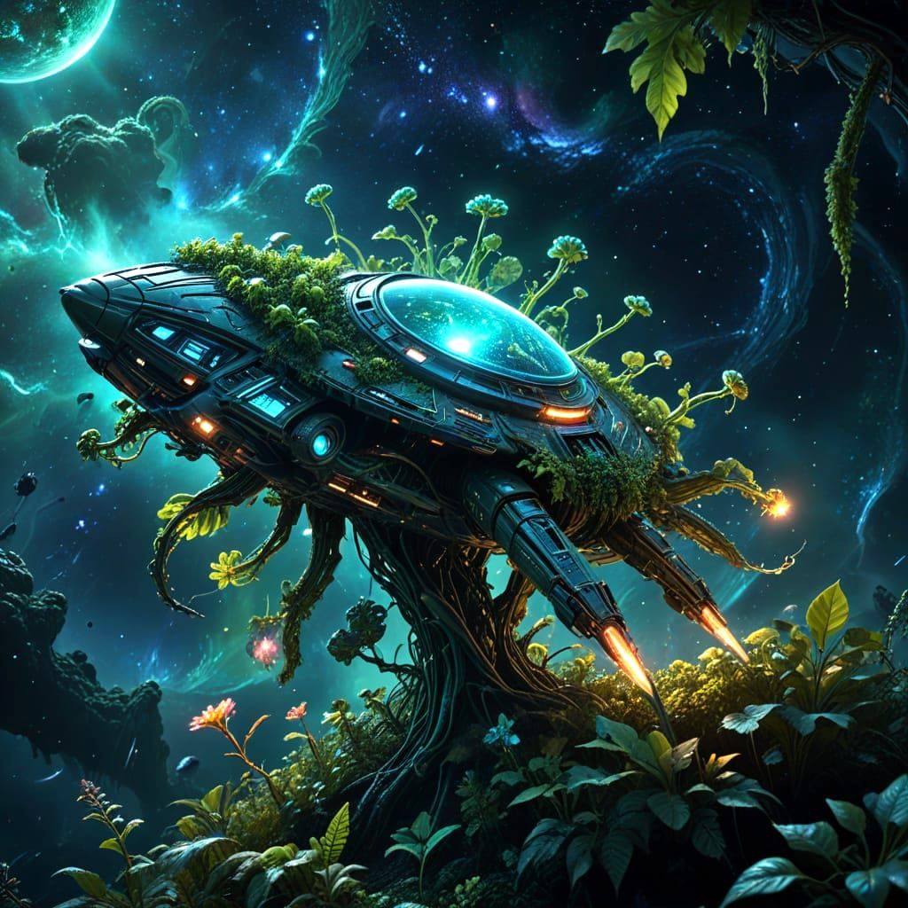 Futuristic Spaceship Crafted From Plants in Cosmic Expanse