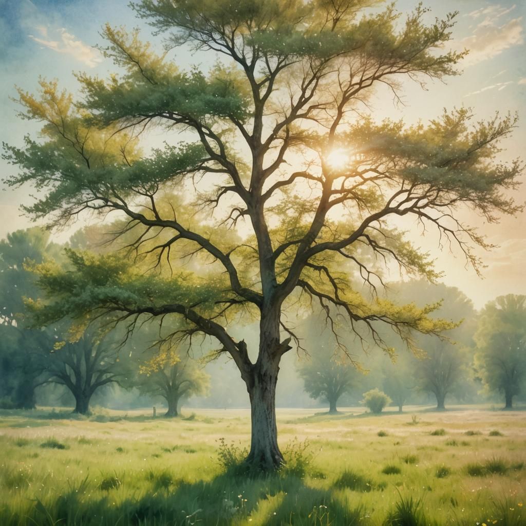 Dreamy Tree in Meadow, Impressionist Watercolor Style