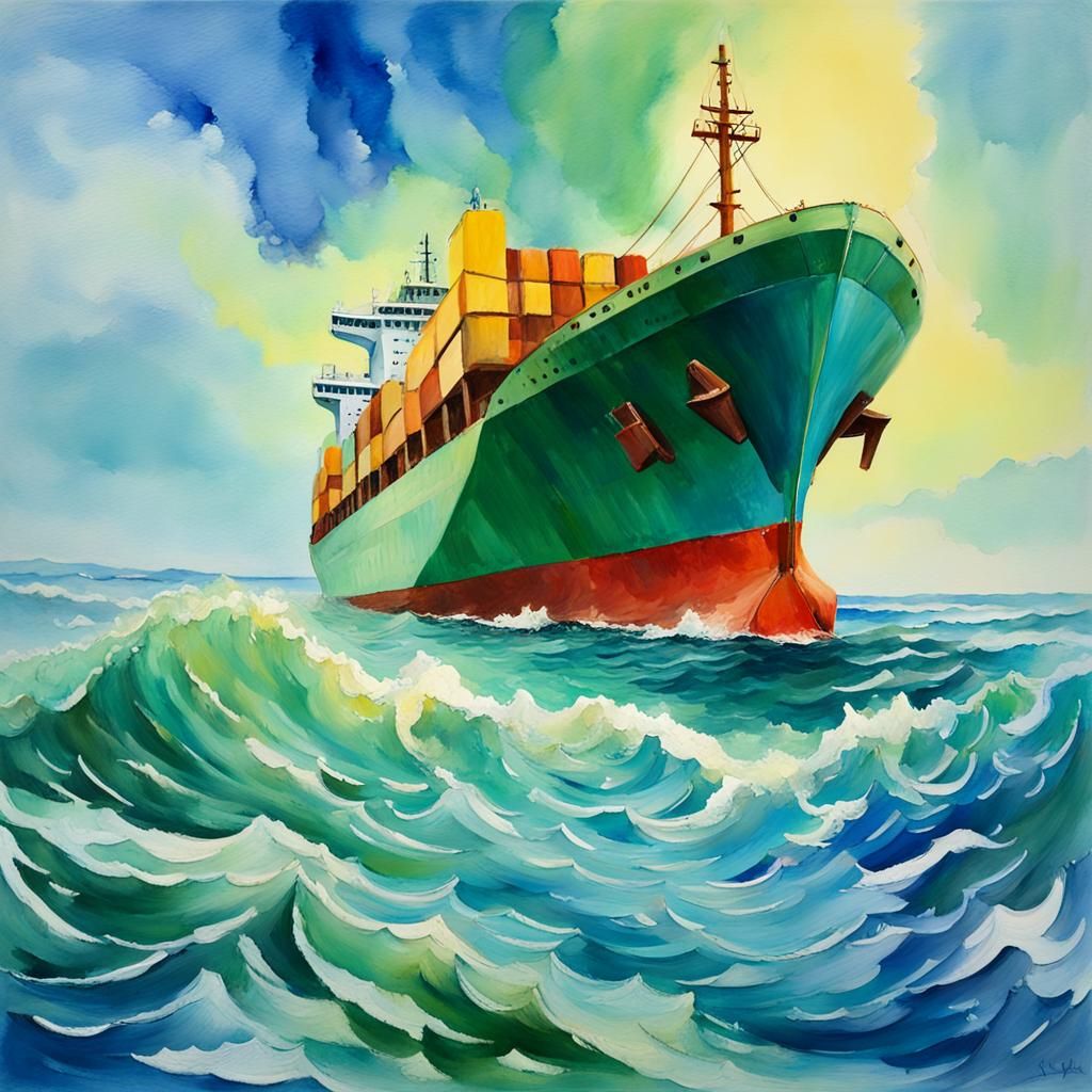 Seascape with Ship in Impressionist Gouache Style