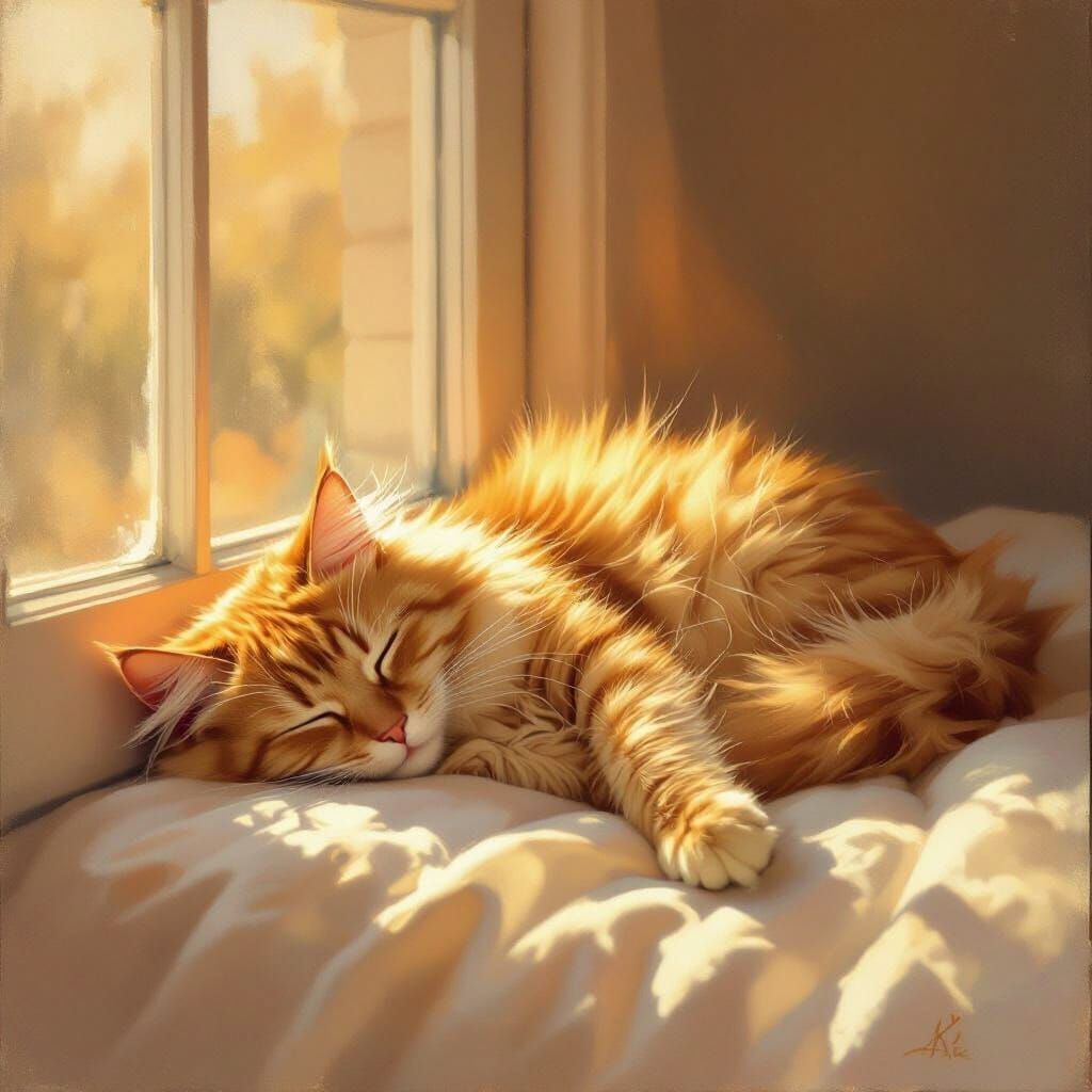 Fluffy Ginger Cat Sleeping in Sunlit Window