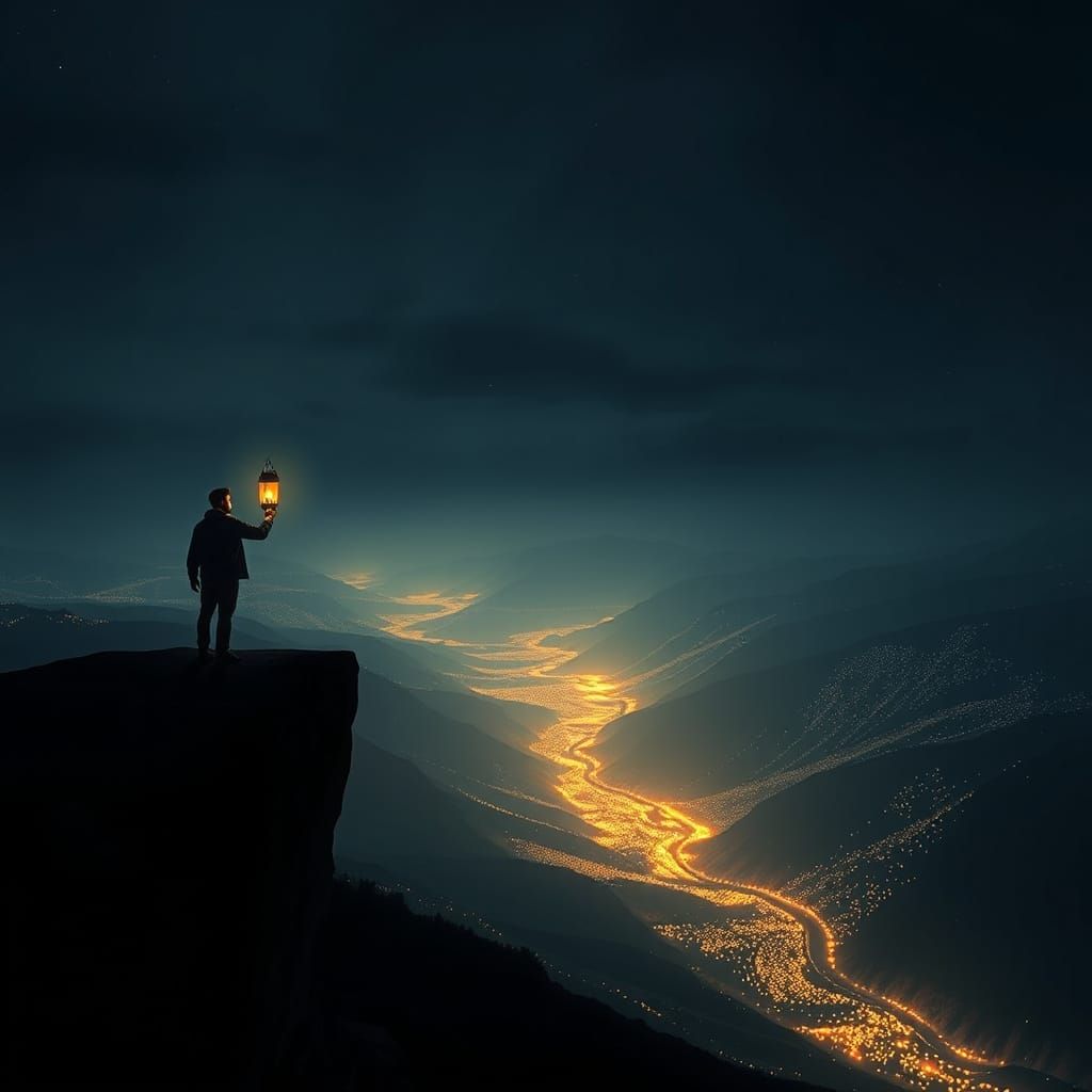 Solitary Figure With Lantern on Cliff Edge