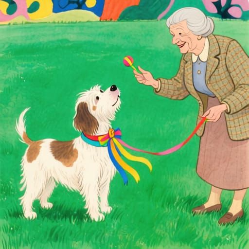 Dog and Trainer Learning Tricks in Whimsical Style