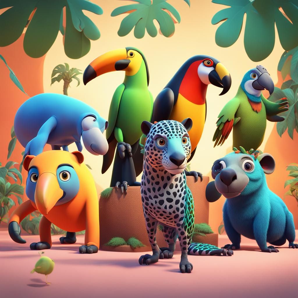 Animals: Jaguar, Anteater, Parrot, Toucan, Tapir in 3D