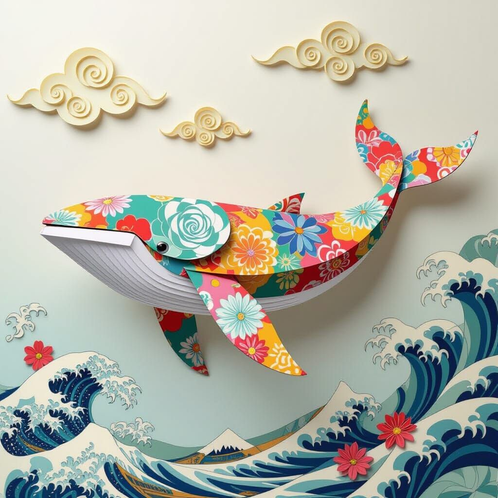 Origami Whale in Colorful Pop Art Style