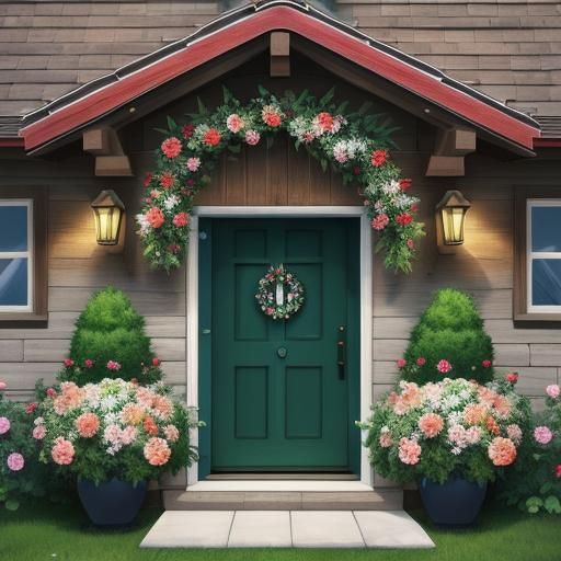 a floral wreath adorning the entrance of a cozy cottage.”